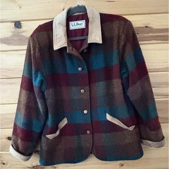 VTG L L Bean Work Coat Wool Plaid Suede Trim Sz See Measurements - Picture 1 of 10
